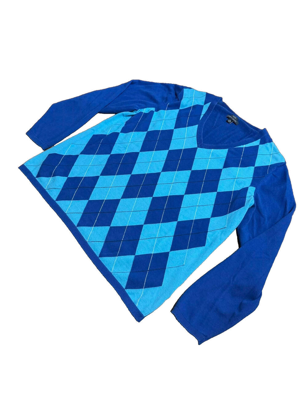 Tommy Hilfiger Argyle Sweater Women XXL Blue Pima Cotton V Long Sleeve EUC